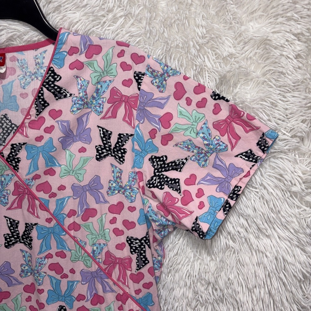 Dickies Scrub Top Women's Large Pink Bows Cotton Short Sleeve Nurse Medical - Picture 4 of 11